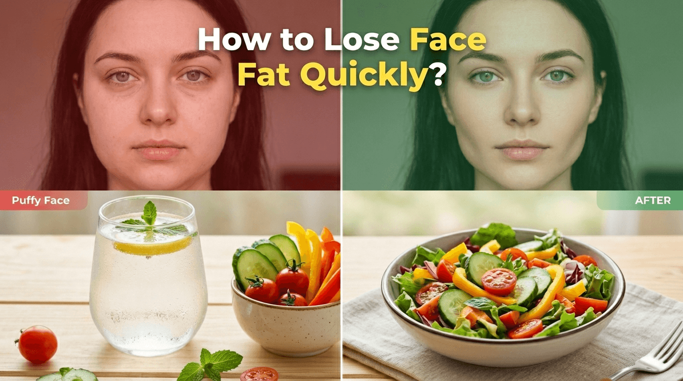 Split-screen image comparing a puffy face to a slimmer face, next to a glass of water and fresh vegetables.