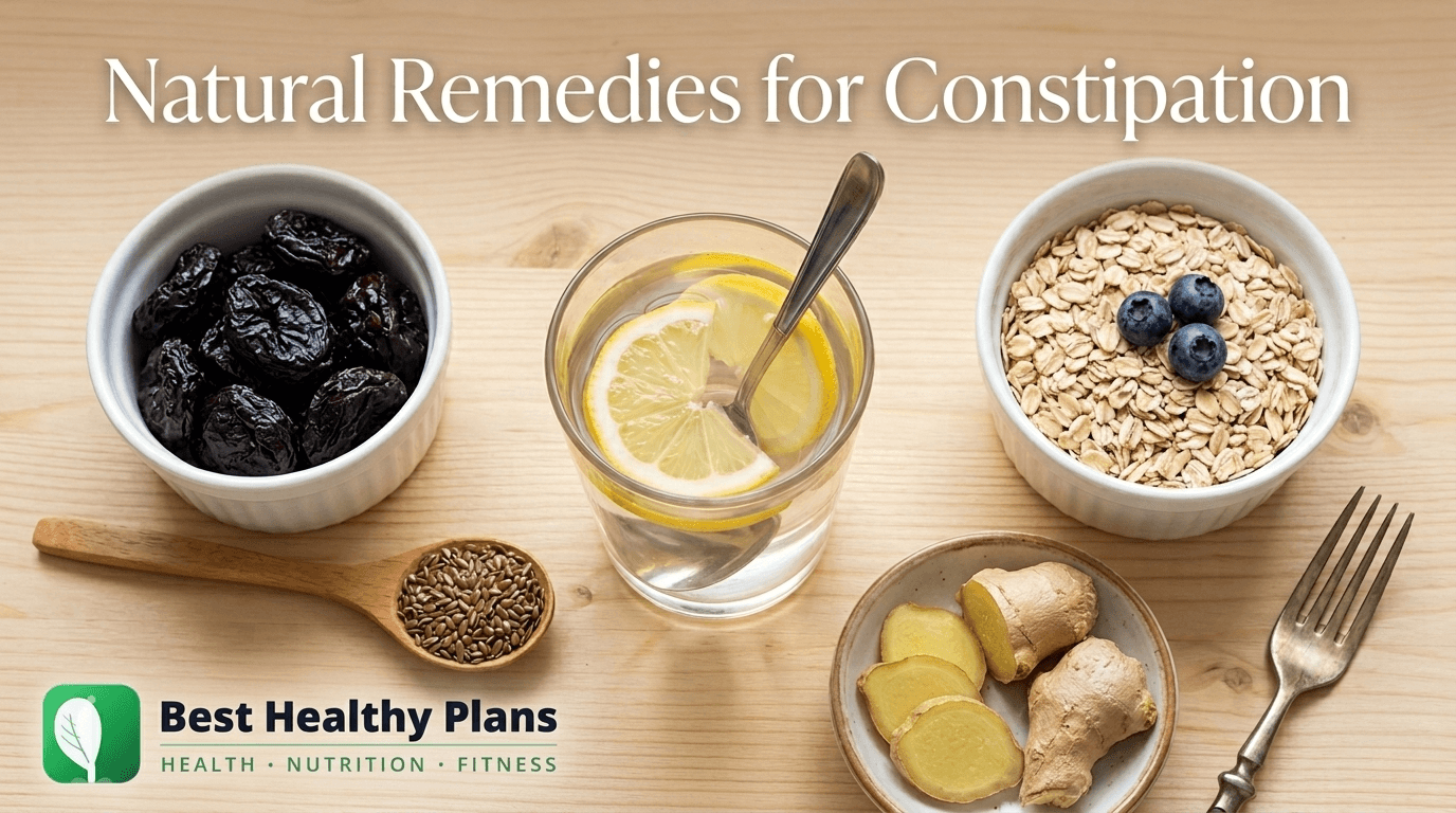 Flat-lay of natural constipation remedies with oats, lemon water, prunes.