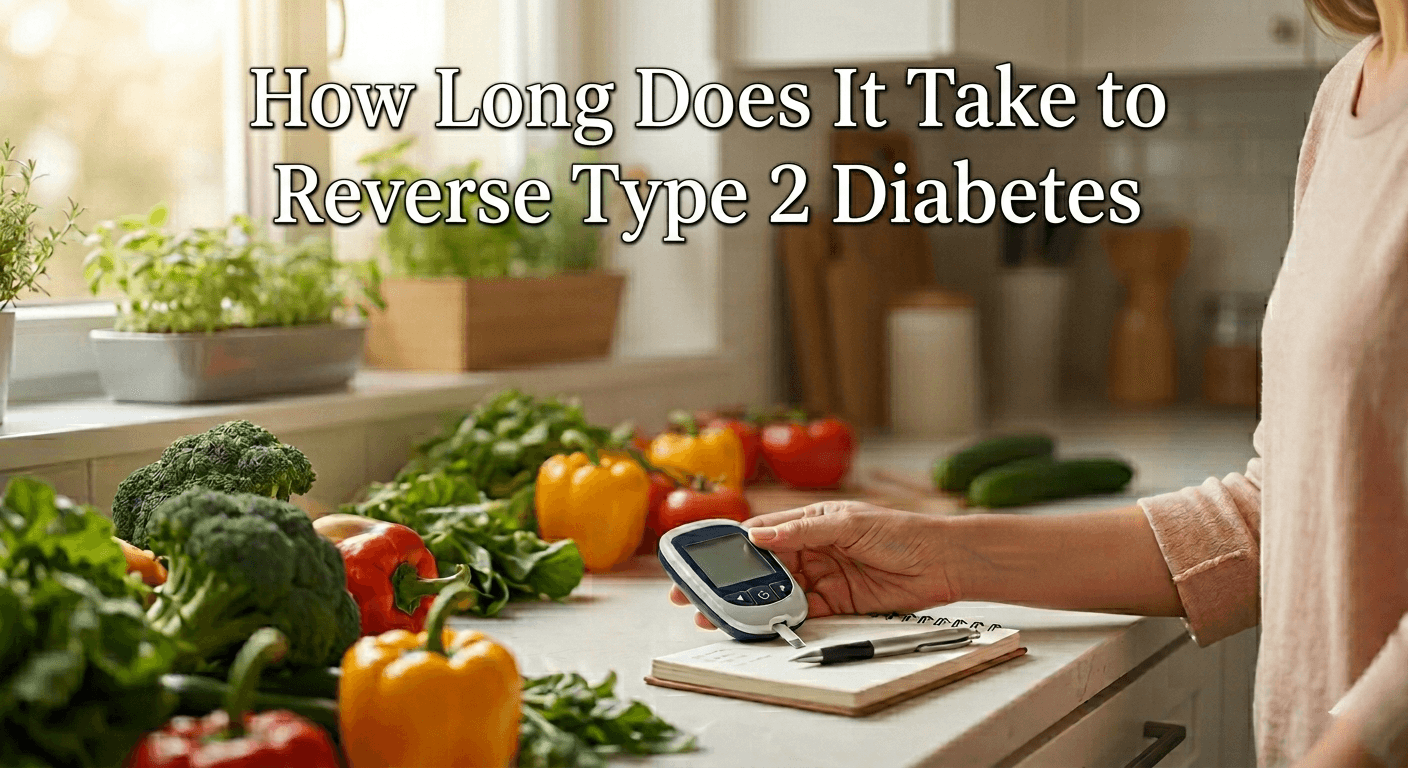 Learn How Long Does It Take to Reverse Type 2 Diabetes with a woman tracking blood sugar on a kitchen counter full of fresh vegetables.