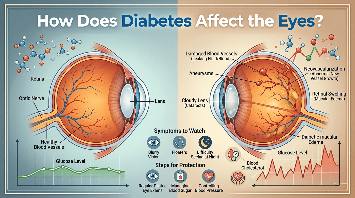 Medical infographic showing how diabetes affects the eyes, comparing a healthy eye to one with blood vessel damage.