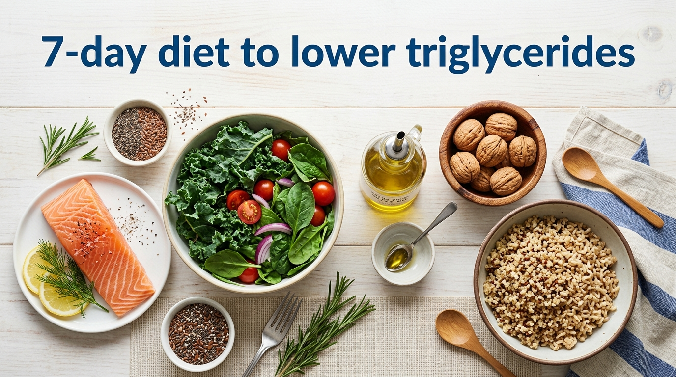 A flat layer of fresh foods that help lower triglycerides including salmon, leafy greens, walnuts, grains, and olive oil.