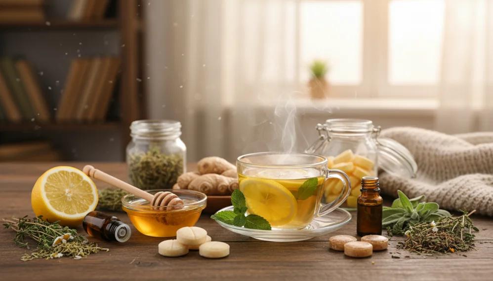 Natural remedies for throat ache including honey, ginger, lemon, and herbal teas.