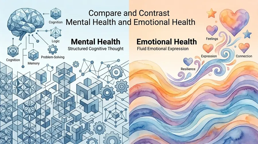 A side-by-side split illustration comparing mental health as geometric shapes and emotional health as watercolor waves.