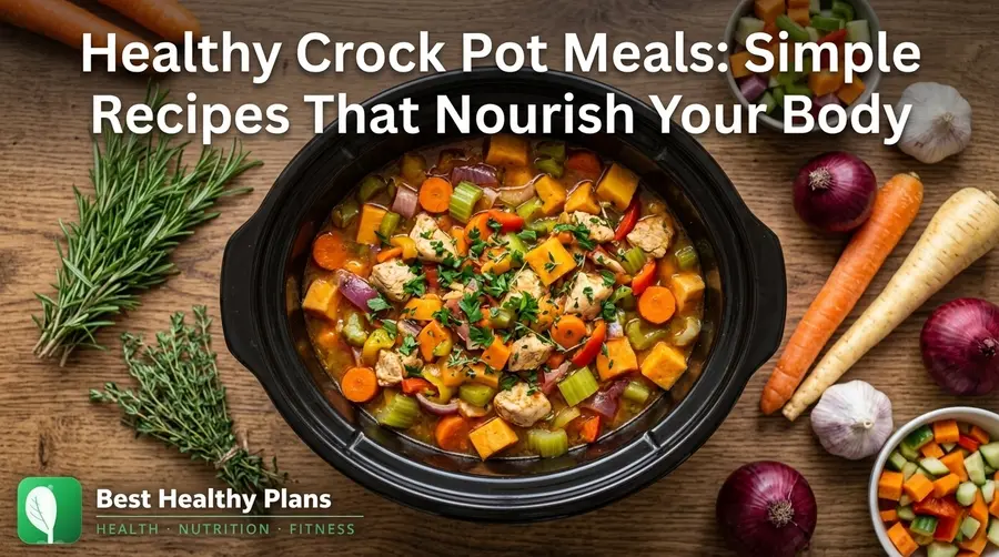 Overhead photograph of a colorful chicken and vegetable stew in a black slow cooker on a wooden counter with fresh herbs.