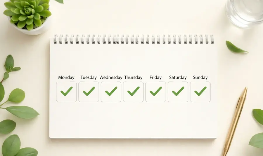 A minimalist 7-day diet progress tracker showing a white notebook with seven green checkmarks on it.