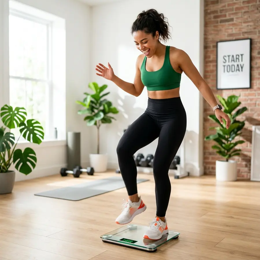 A person enthusiastically stepping on a scale with a determined expression, representing the goal of weight loss.