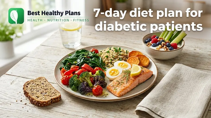 Healthy 7-day diet plan for diabetic patients featuring balanced portions of lean protein and fresh vegetables on a rustic table.