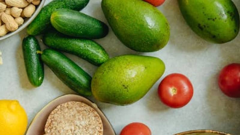 A vibrant spread of healthy foods like fruits, vegetables, nuts, and whole grains